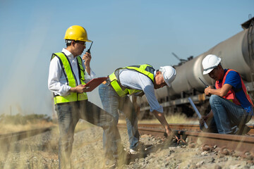 A team of railway engineers is inspecting train tracks with blueprints and radios, professional technicians in safety gear performing maintenance on rail lines. © manit