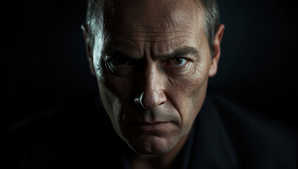 Fototapeta premium Intense mature man portrait with dramatic low key lighting conveying tension