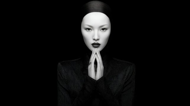 High contrast monochrome studio portrait of an elegant woman in structured outfit and hat, hands together in prayer gesture on black background, minimal style