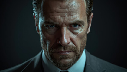 Fototapeta premium Intense mature man portrait with dramatic lighting, textured skin, beard, suit