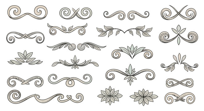 Vintage Decorative Flourishes and Ornaments - Elegant Scrollwork and Leaf Designs