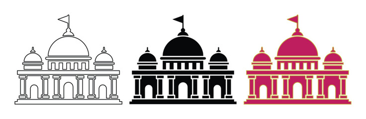Obraz premium Islamic mosque building icons set, traditional masjid architectural vector silhouettes, religious temple landmarks with domes and flags