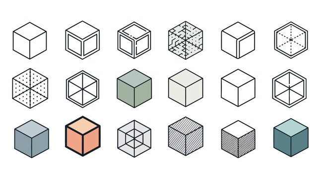 Abstract Geometric Cube Icons Set, 3D Isometric Shapes, Wireframe, Solid, Patterned