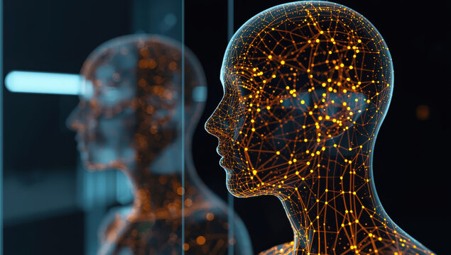 Futuristic digital human head with glowing neural network pattern conveying connection
