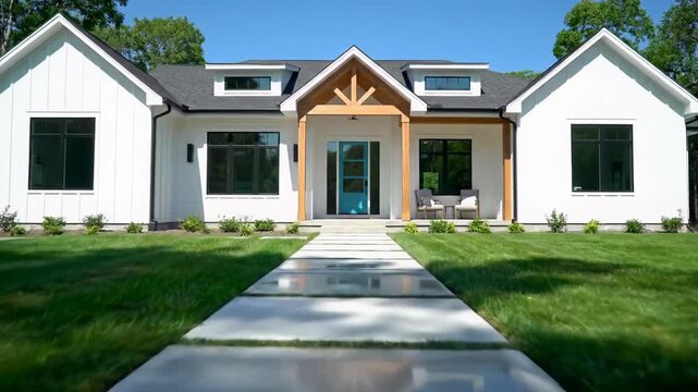 Captivating video of a modern single-family home with white siding, blue door, green lawn, and blurred bokeh. Dolly push-in on facade under bright daylight. Quality living concept