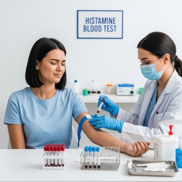 Doctor performing histamine blood test on female patient