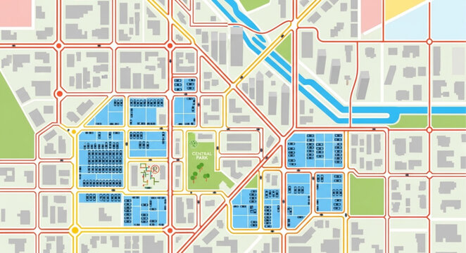 Detailed city map with highlighted areas and streets.