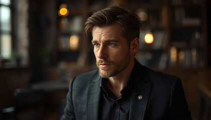 Obraz premium Handsome man with thoughtful expression in warm moody interior