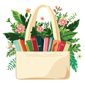 A colorful tote bag filled with books and surrounded by lush flowers and leaves, perfect for book lovers.