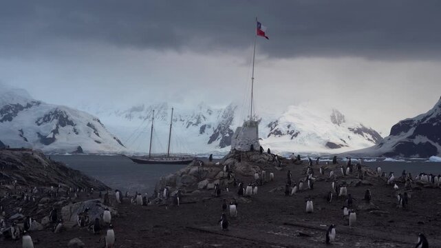 Static shot of the Chilean flag waving over a Gentoo penguin colony at Gonz&aacute;lez Videla Base, with a sailboat and snowy mountains in the background