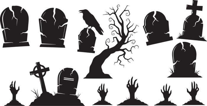 Halloween tombstones, creepy tree, crow, black silhouette icons, 13-piece set
