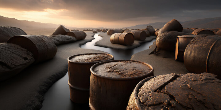 Desolate scene showing corroded drums and fading industrial remnants by silent river