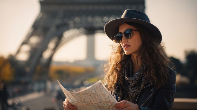 Young woman traveler wearing hat and sunglasses holds a city map with the Eiffel Tower blurred behind her in Paris, France, during warm golden hour light