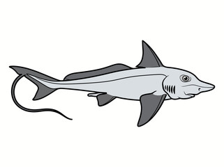 Fototapeta premium A cartoon-style illustration of a gray stingray swimming to the right against a white background with a simple black outline and minimal shading.