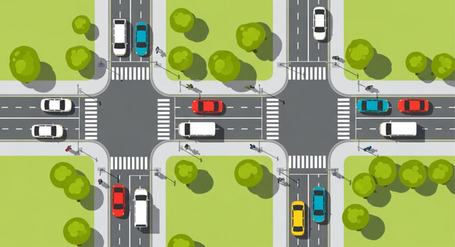 Aerial View of Busy City Intersection with Cars and Pedestrian Crosswalks.