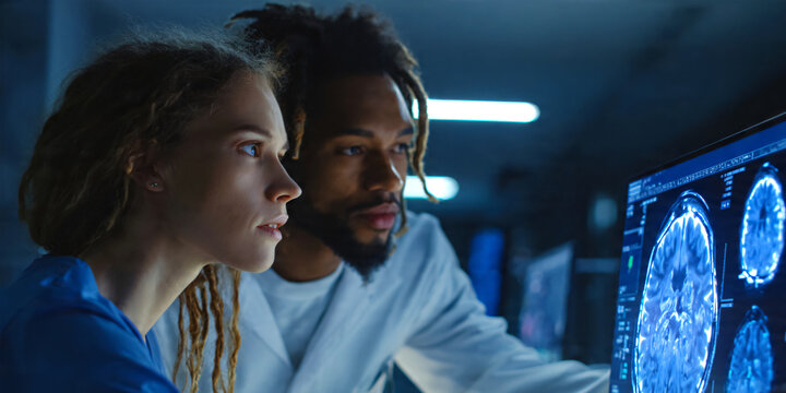 Two medical technicians carefully analyzing brain MRI scans together in modern hospital or diagnostic lab. 