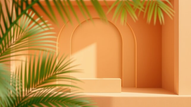 Minimalist stage design. Warm colors, soft lighting, tropical leaves frame arched alcove. Perfect product display setting.