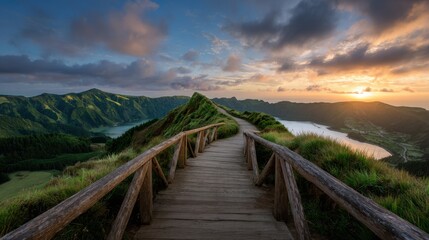 Fototapeta premium Wooden walkway along a volcanic ridge overlooking lakes at sunset
