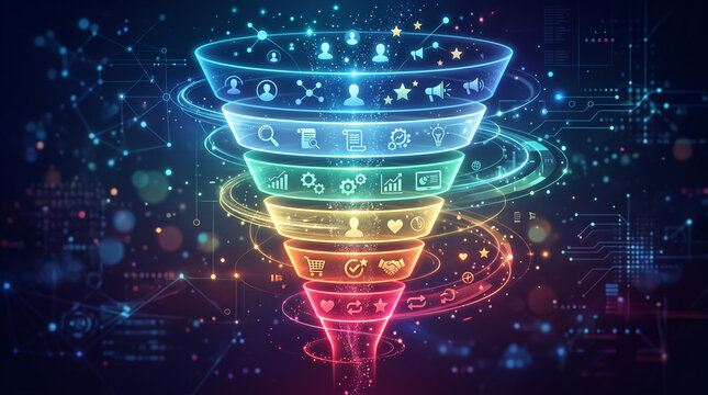 Digital marketing funnel with icons and network connections