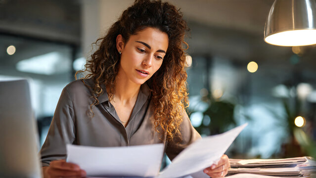 Female business manager efficiently organizing corporate invoices at office desk. Professional businesswoman reviewing financial documents, managing paperwork and accounting tasks with precision.