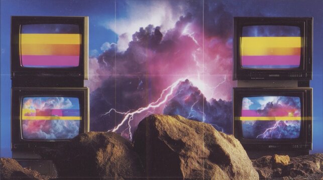 Surreal digital collage of vintage CRT televisions showing color bars and glitch effects, set against dramatic lightning clouds and rocks in a retro futuristic scene
