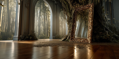 Naklejka premium Sunlit orb encased in moss. Decay cloaked mirror amidst silent nature reclaiming space