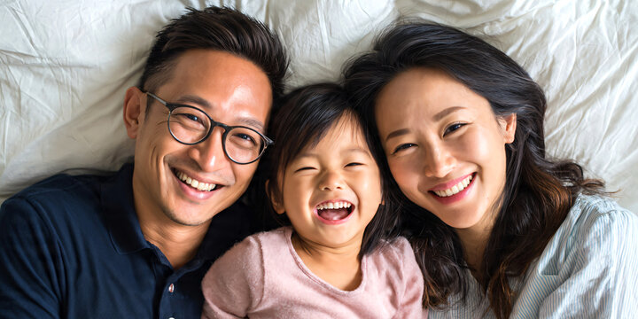 Happy asian family lying on bed together, parents and child laughing joyfully, candid moment, top view angle 