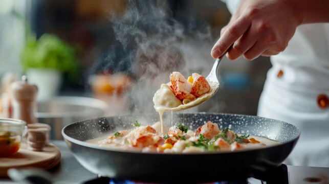 a professional kitchen. A chef's hand, wearing a simple linen apron, uses a slotted spoon to lift a portion of delicate lobster ravioli from a pot of gently boiling water