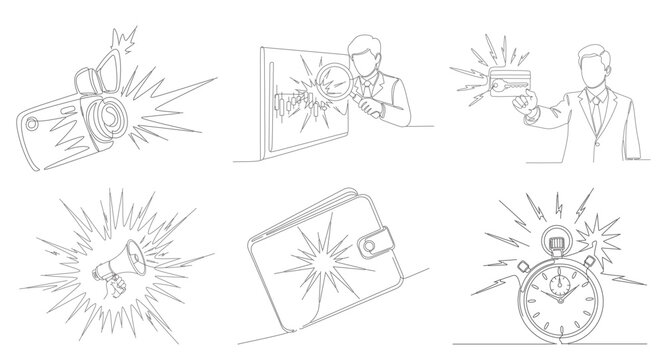 One line drawing of business tools including camera and megaphone with wallet and stopwatch representing financial management and ads.