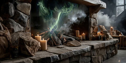Naklejka premium Enchanted space with glowing smoke. Indoor scene of magical ceremony with flickering lights