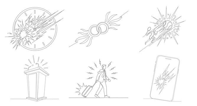 Time concept with exploding clock, broken wedding rings, and race to success with numbers on person.