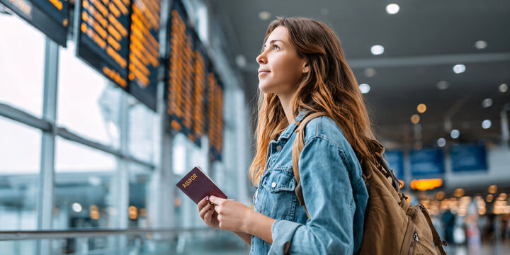 Woman traveler with backpack holding passport and boarding pass in airport terminal, looking at departure screen, modern airport,travel lifestyle,travel concept