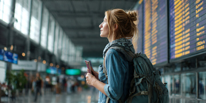 Woman traveler with backpack holding passport and boarding pass in airport terminal, looking at departure screen, modern airport,travel lifestyle,travel concept