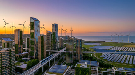 Fototapeta premium City skyline at sunset with wind turbines and solar panels in the background