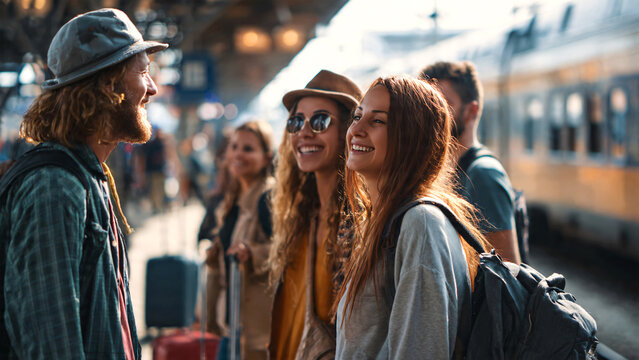 Group of young friends waiting at train station platform with luggage, smiling and chatting before departure, railway transport, casual lifestyle, travel concept