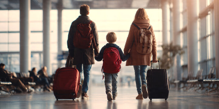 Cute little boy with backpack walking through airport terminal holding hands with his parents on both sides, family traveling together with rolling suitcases, bright modern airport hall.
