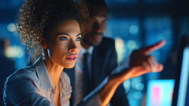 Professional businesswoman pointing at computer screen while identifying data error during late night office work corporate teamwork, financial data review.