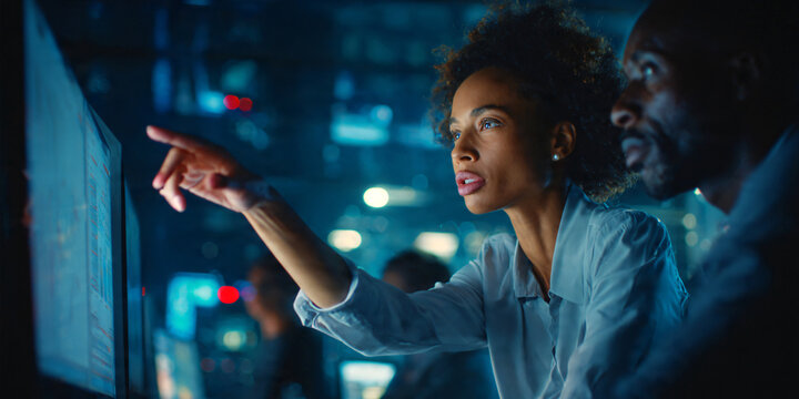 Professional businesswoman pointing at computer screen while identifying data error during late night office work corporate teamwork, financial data review.