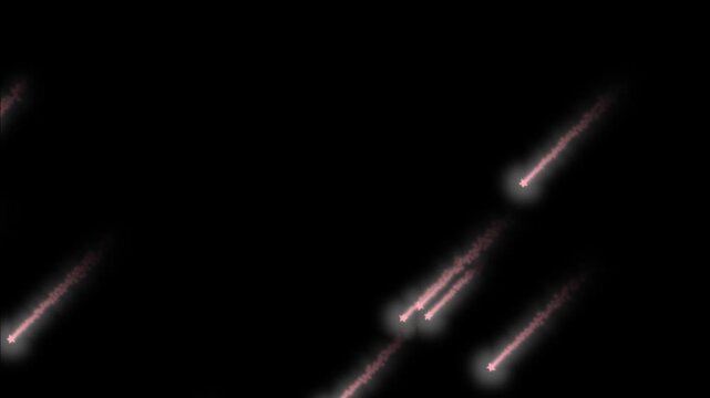 Dynamic 2D animation of stylized pink comets or shooting stars falling diagonally against a black background. Useful for space transitions and motion graphics.