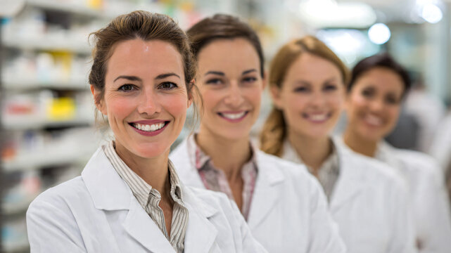 Group of smiling female pharmacists standing together in a modern pharmacy, wearing white coats teamwork and healthcare professionals. 