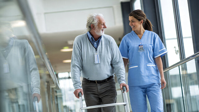 Elderly man  slowly walking with support from nurse in modern hospital rehabilitation clinic, nurse assisting with care and encouragement, patient using walking aid, bright clean medical environment.