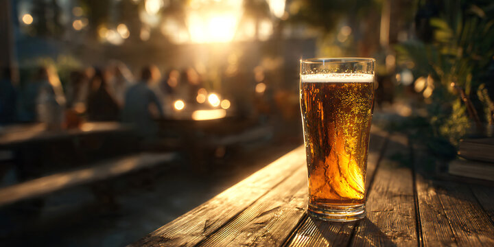 Glass of beer on wooden table. A bar in the garden with beer and a garden. People in the sunshine at golden hour.