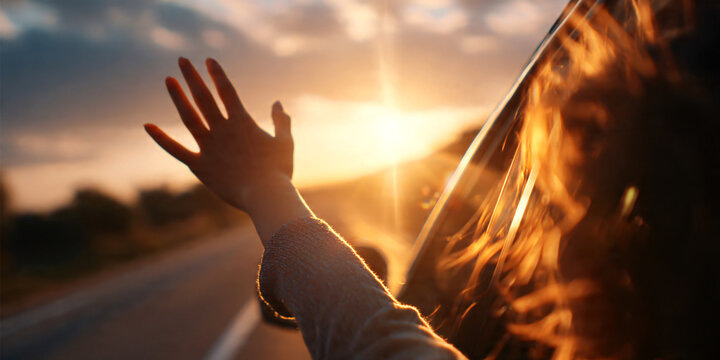 Close-up of a young woman&rsquo;s hand reaching out of a moving car window during a sunset road trip, wind flowing through her fingers, warm golden hour light, freedom and travel lifestyles.