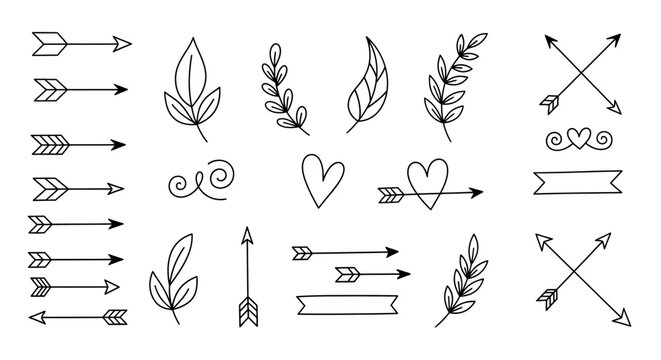 Hand-drawn Decorative Elements: Arrows, Leaves, Hearts, Swirls, Banners