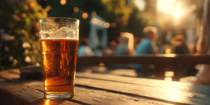 Glass of beer on wooden table. A bar in the garden with beer and a garden. People in the sunshine at golden hour.