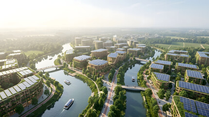 Obraz premium Aerial view of a modern urban area with waterways and numerous buildings.