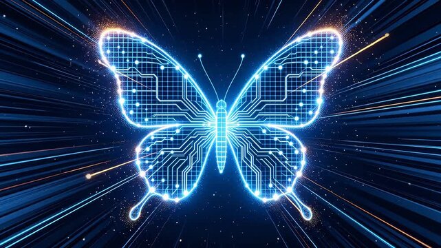 Digital butterfly composed of blue electronic circuits with glowing wing patterns