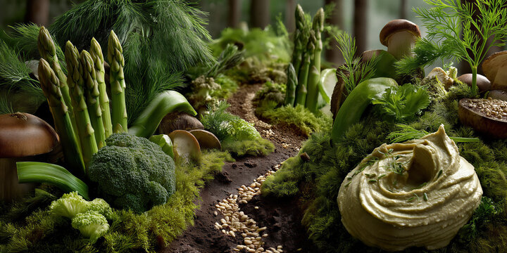 Rustic trail of flavorful vegetables. An aromatic feast with mushrooms and vibrant greens