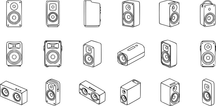 Black  White Line Art Icons Set of Audio Speakers and Sound Systems for Technology and Music Industry Design