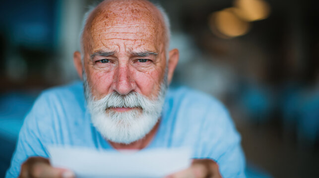 Serious elderly man reading document holding paper looking directly at camera portrait showing thoughtful concerned emotional expression